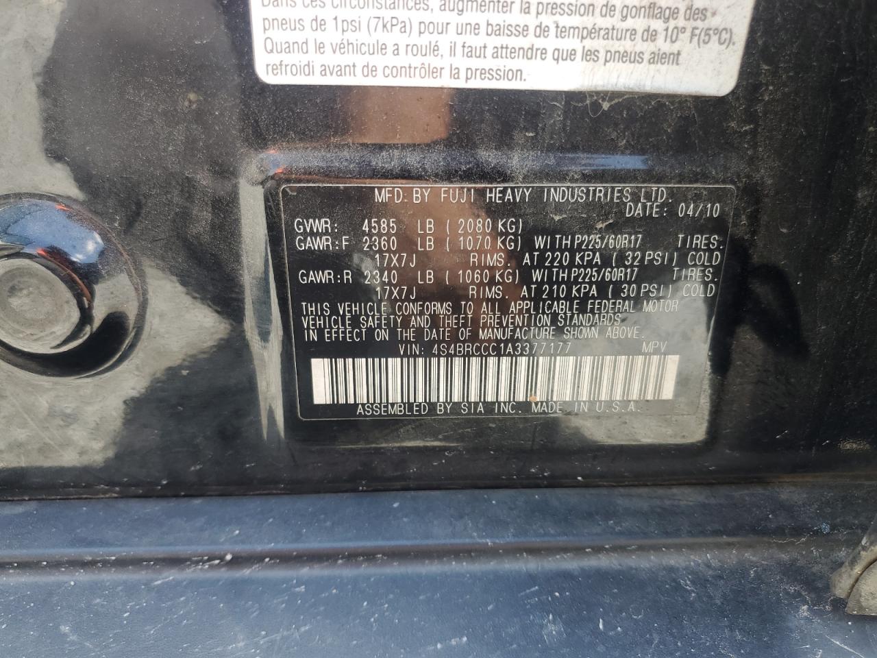2010 Subaru Outback 2.5I Premium VIN: 4S4BRCCC1A3377177 Lot: 64496935