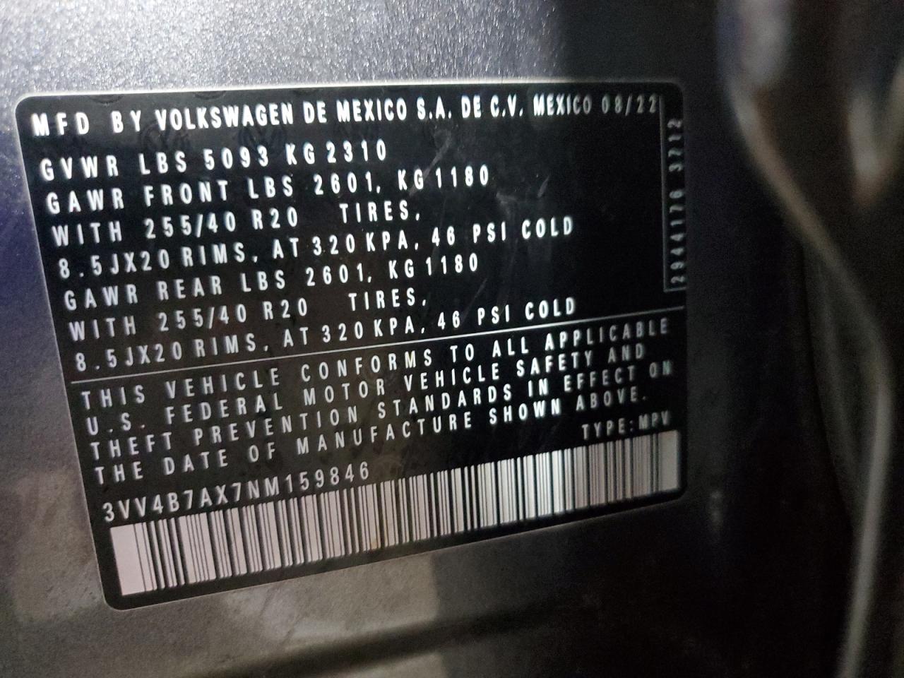 2022 Volkswagen Tiguan Sel R-Line VIN: 3VV4B7AX7NM159846 Lot: 66010655