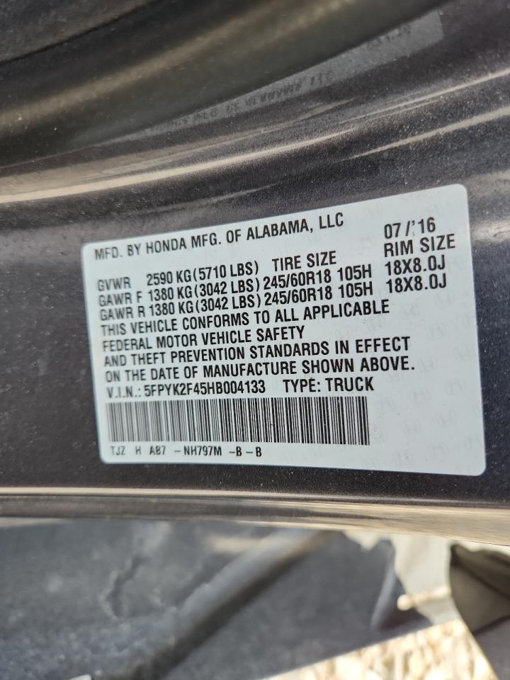 2017 Honda Ridgeline Rts VIN: 5FPYK2F45HB004133 Lot: 64576445