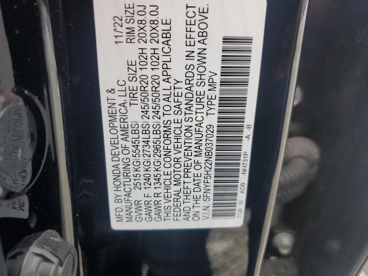 2022 Honda Pilot Se VIN: 5FNYF5H22NB037029 Lot: 66562165