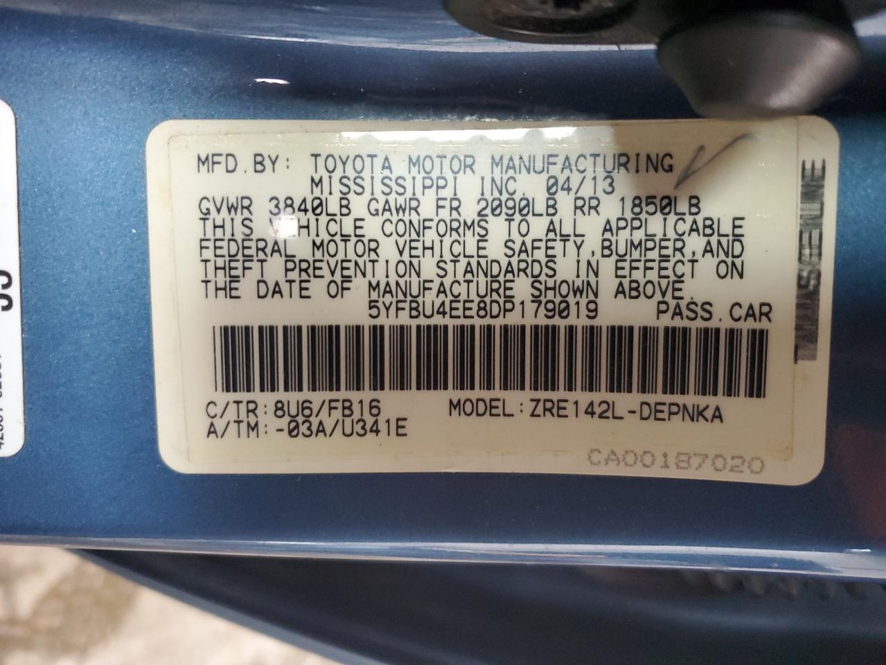 2013 Toyota Corolla Base VIN: 5YFBU4EE8DP179019 Lot: 65241835