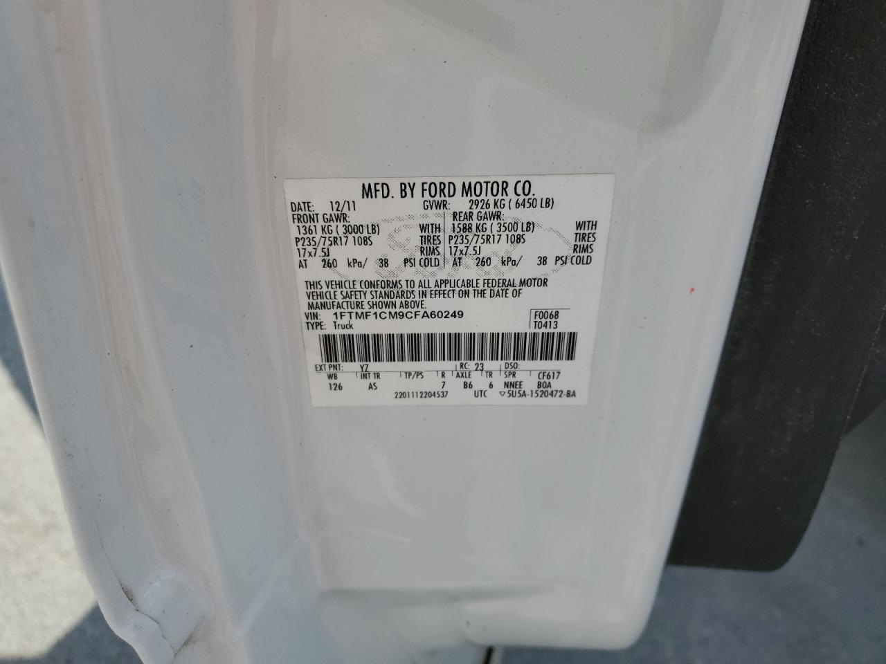 2012 Ford F150 VIN: 1FTMF1CM9CFA60249 Lot: 64837305