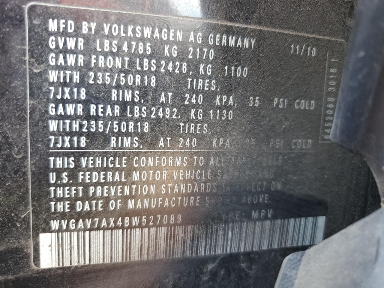 2011 Volkswagen Tiguan S VIN: WVGAV7AX4BW527089 Lot: 66289085