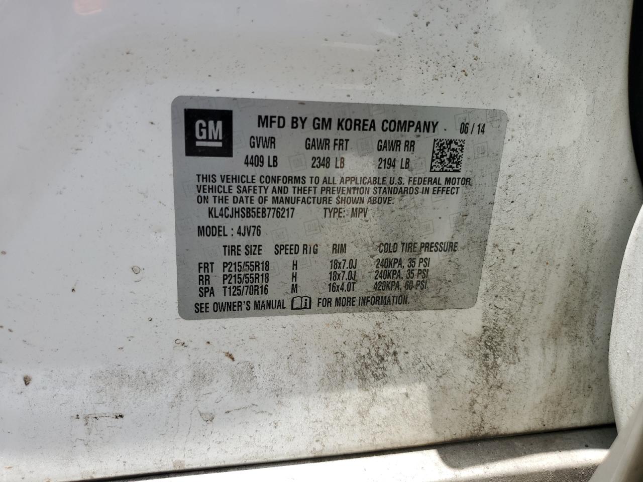 2014 Buick Encore Premium VIN: KL4CJHSB5EB776217 Lot: 66094345