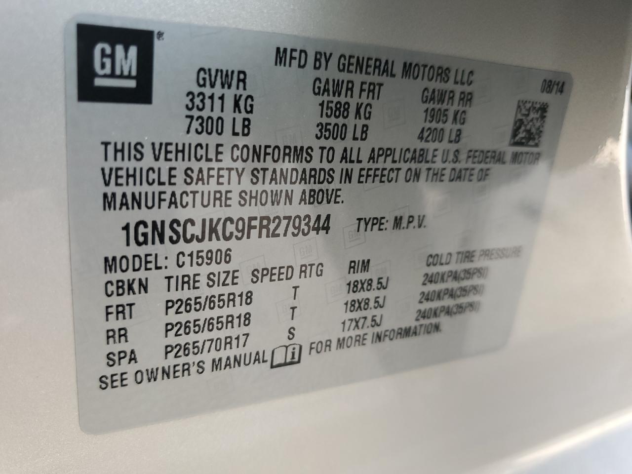 2015 Chevrolet Suburban C1500 Lt VIN: 1GNSCJKC9FR279344 Lot: 65216185