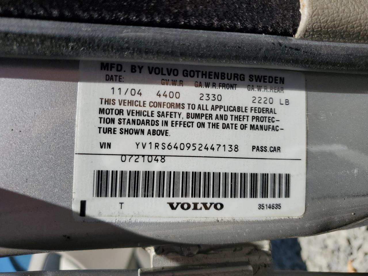 2005 Volvo S60 VIN: YV1RS640952447138 Lot: 64284495