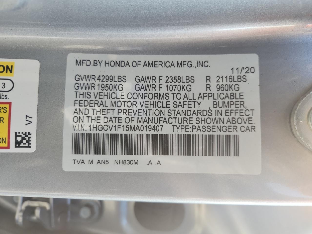 2021 Honda Accord Lx VIN: 1HGCV1F15MA019407 Lot: 63080625