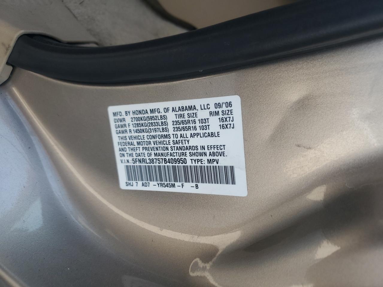 2007 Honda Odyssey Exl VIN: 5FNRL38757B409950 Lot: 62826105