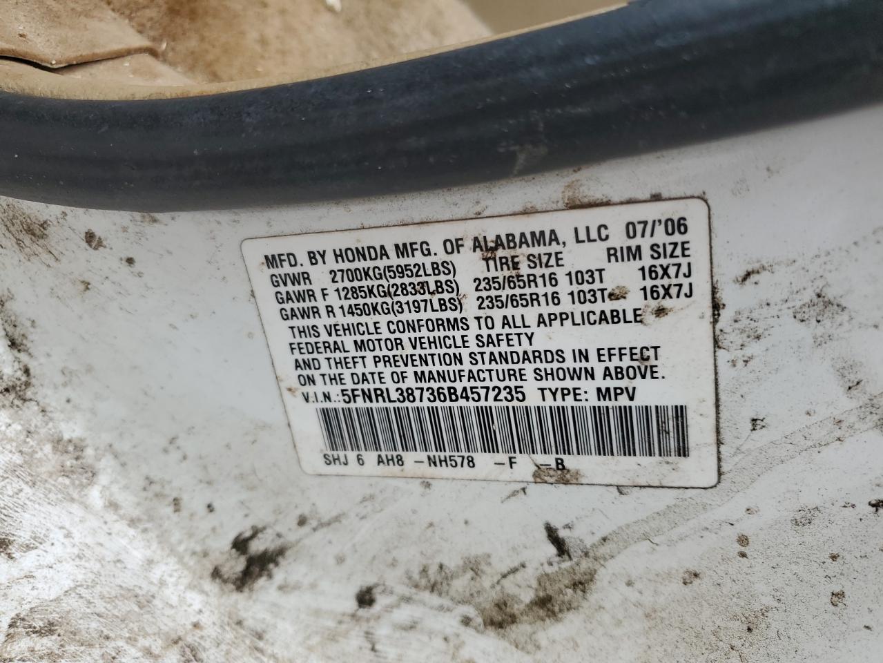 2006 Honda Odyssey Exl VIN: 5FNRL38736B457235 Lot: 64974315