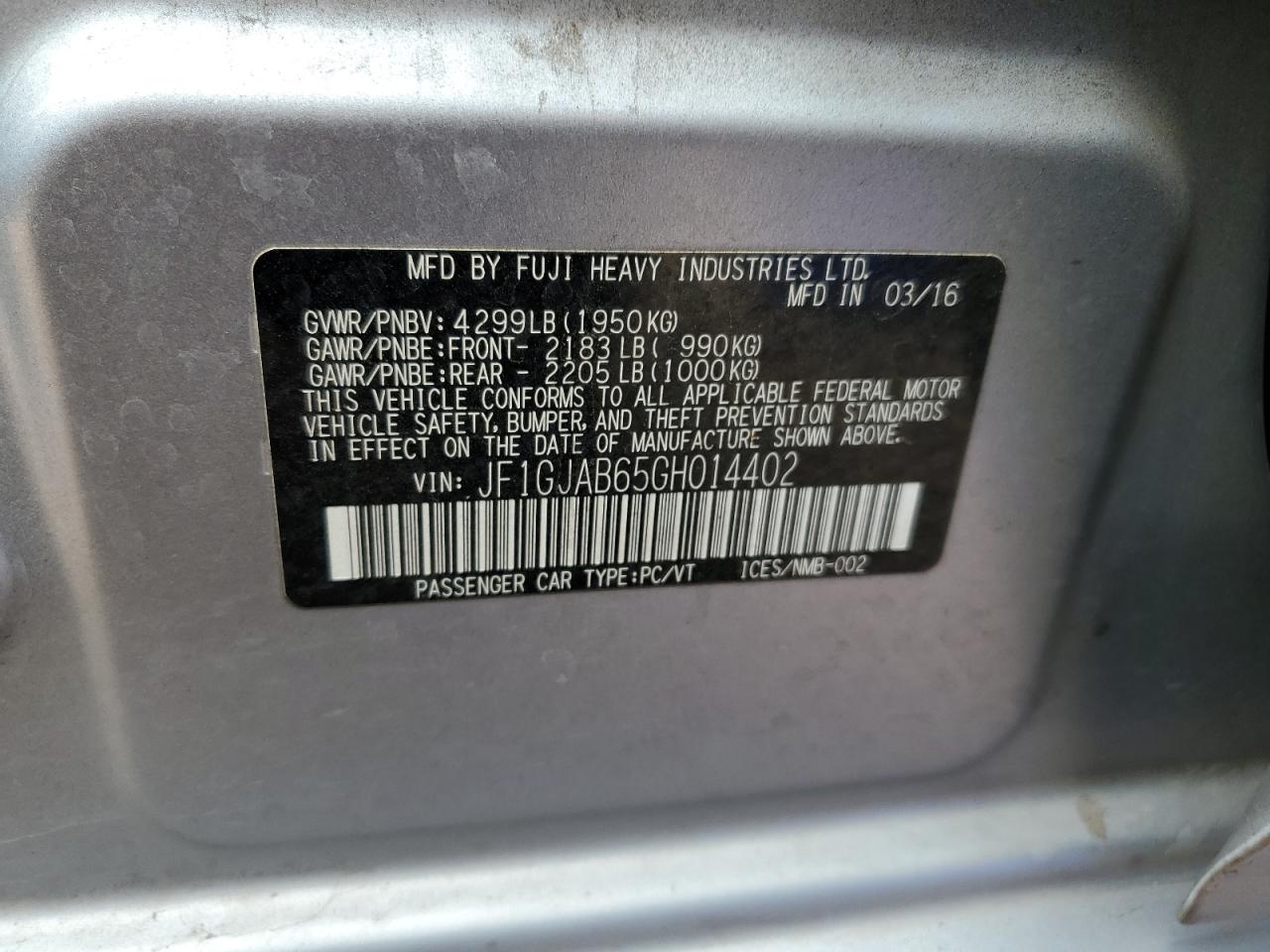 2016 Subaru Impreza Premium VIN: JF1GJAB65GH014402 Lot: 65230625
