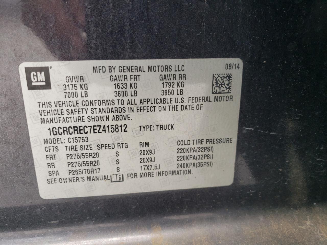 2014 Chevrolet Silverado C1500 Lt VIN: 1GCRCREC7EZ415812 Lot: 63858275