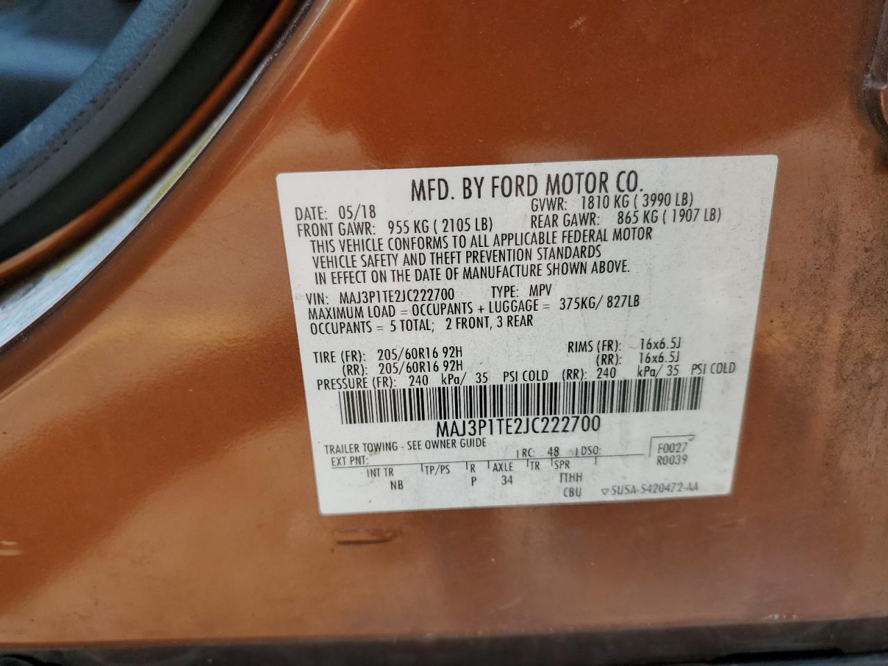 2018 Ford Ecosport Se VIN: MAJ3P1TE2JC222700 Lot: 63869705