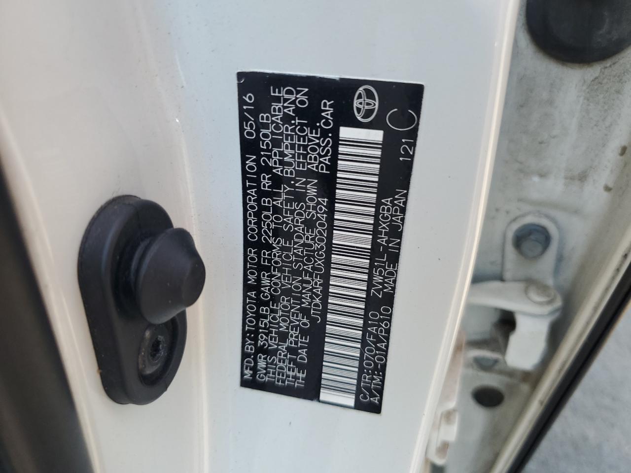 2016 Toyota Prius VIN: JTDKARFUXG3020494 Lot: 64458525