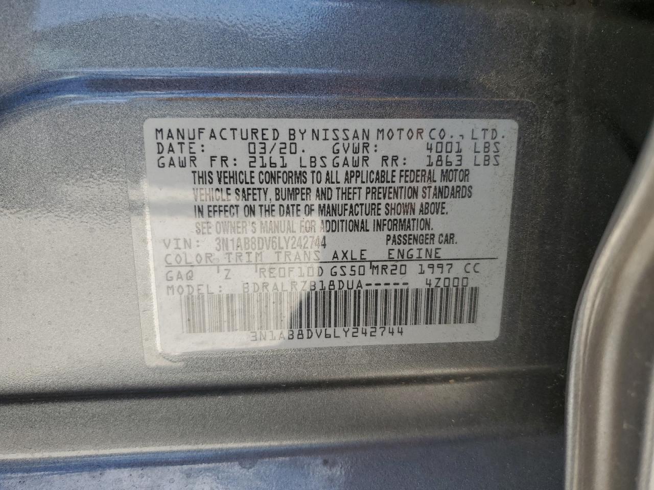 2020 Nissan Sentra Sr VIN: 3N1AB8DV6LY242744 Lot: 63343095