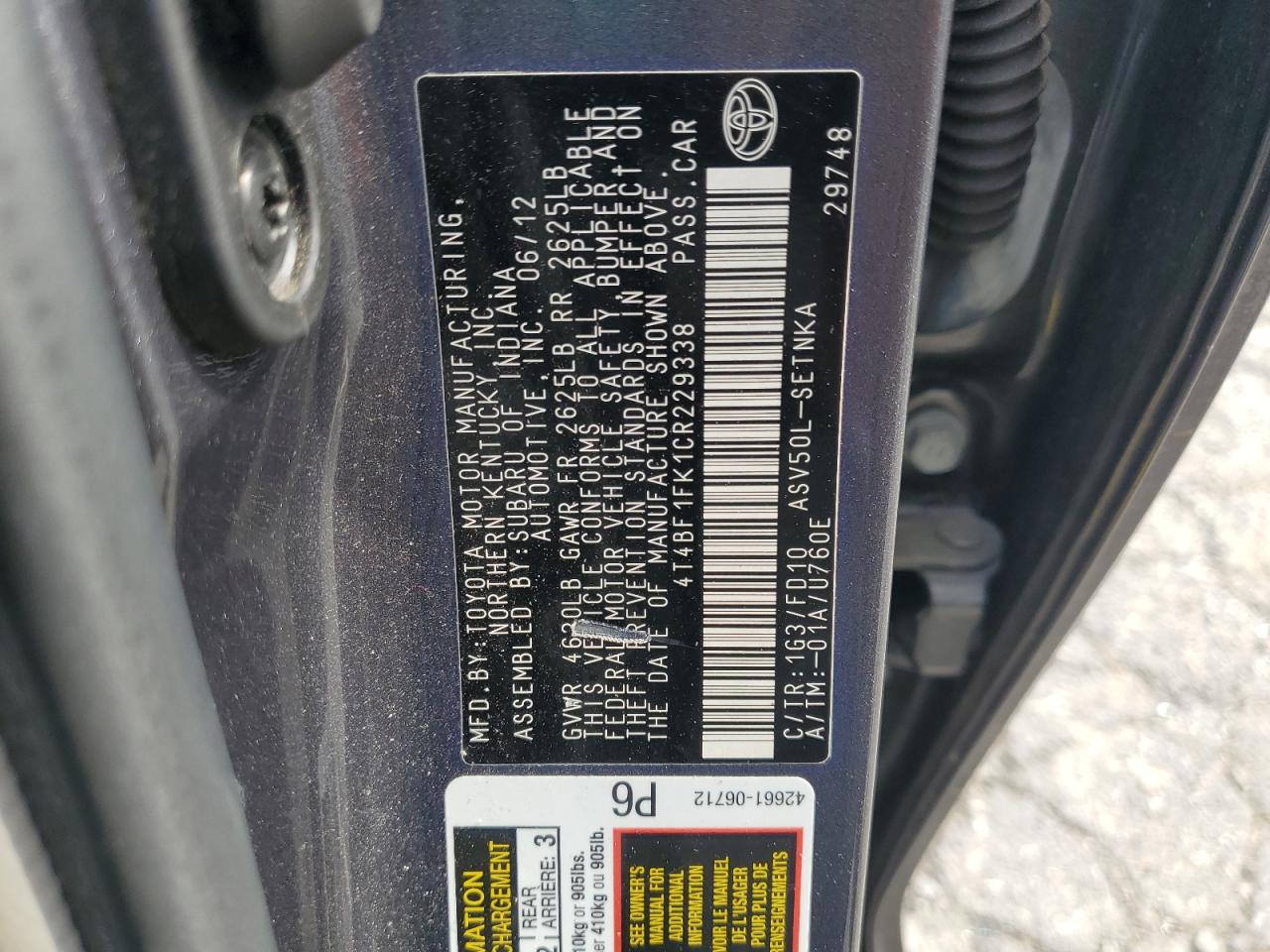 2012 Toyota Camry Base VIN: 4T4BF1FK1CR229338 Lot: 63845135
