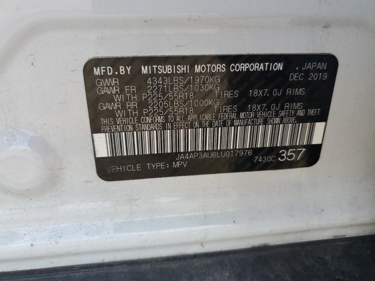 2020 Mitsubishi Outlander Sport Es VIN: JA4AP3AU6LU017976 Lot: 62306395