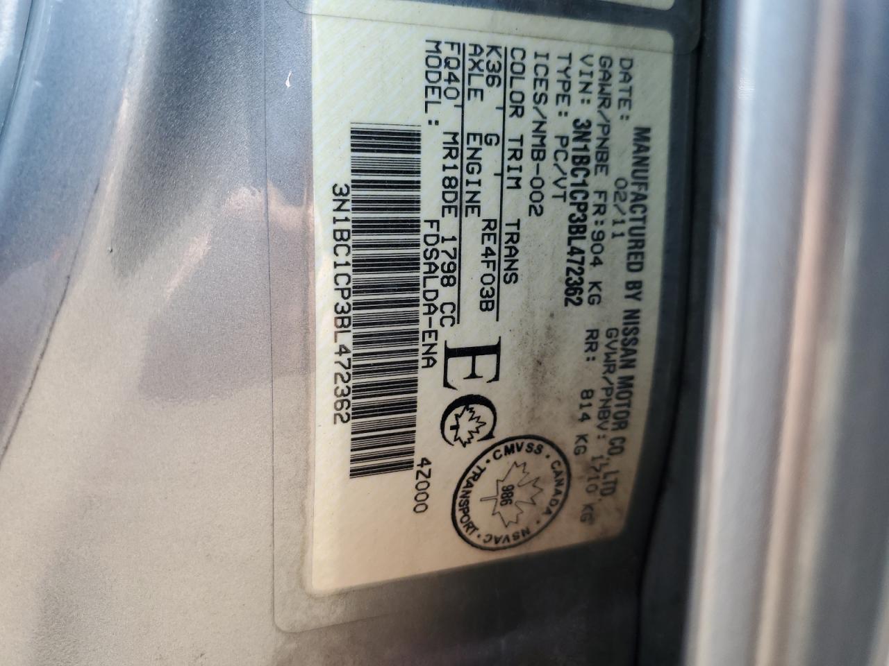 2011 Nissan Versa S VIN: 3N1BC1CP3BL472362 Lot: 63306585