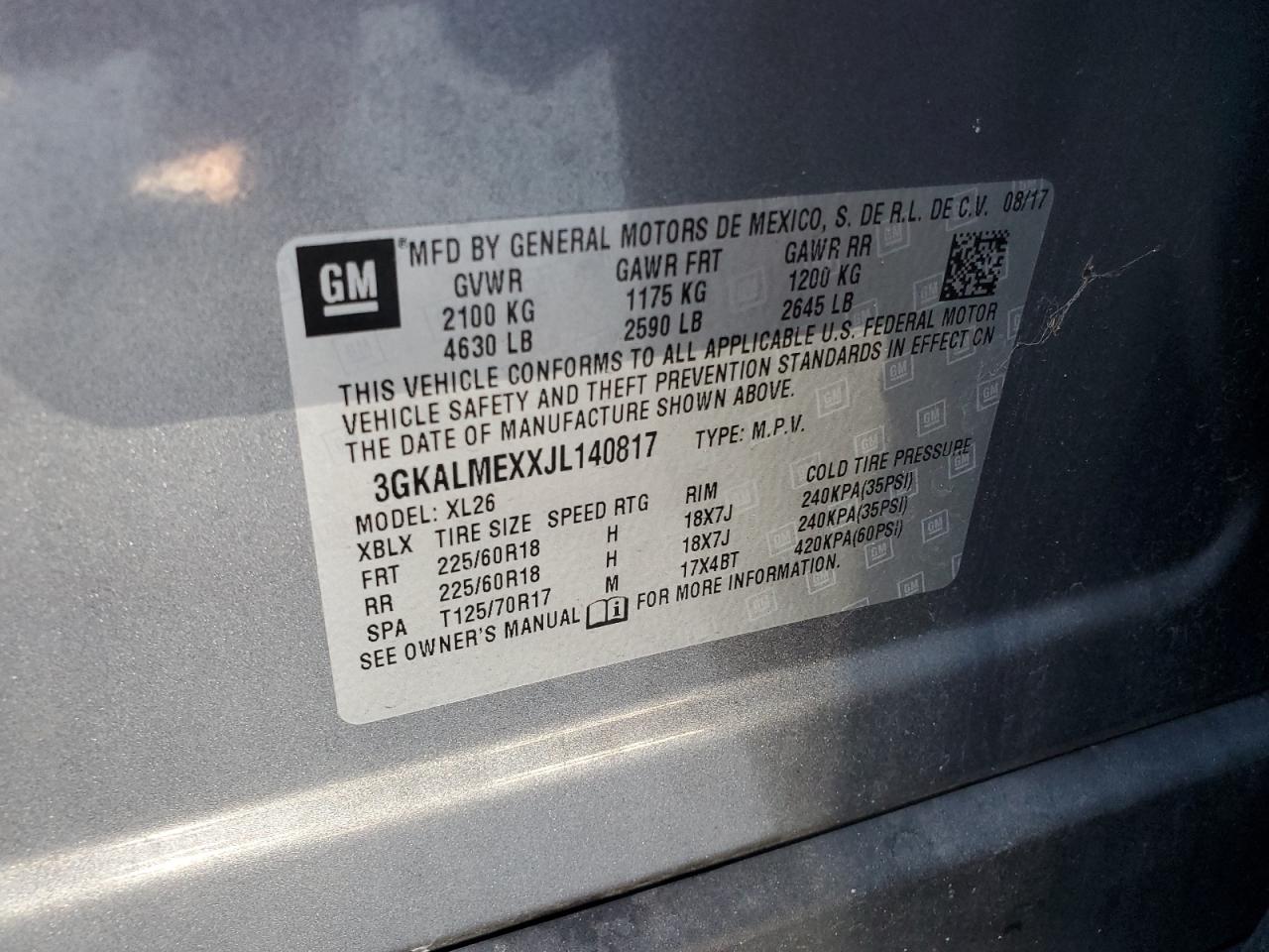 2018 GMC Terrain Sle VIN: 3GKALMEXXJL140817 Lot: 64836775