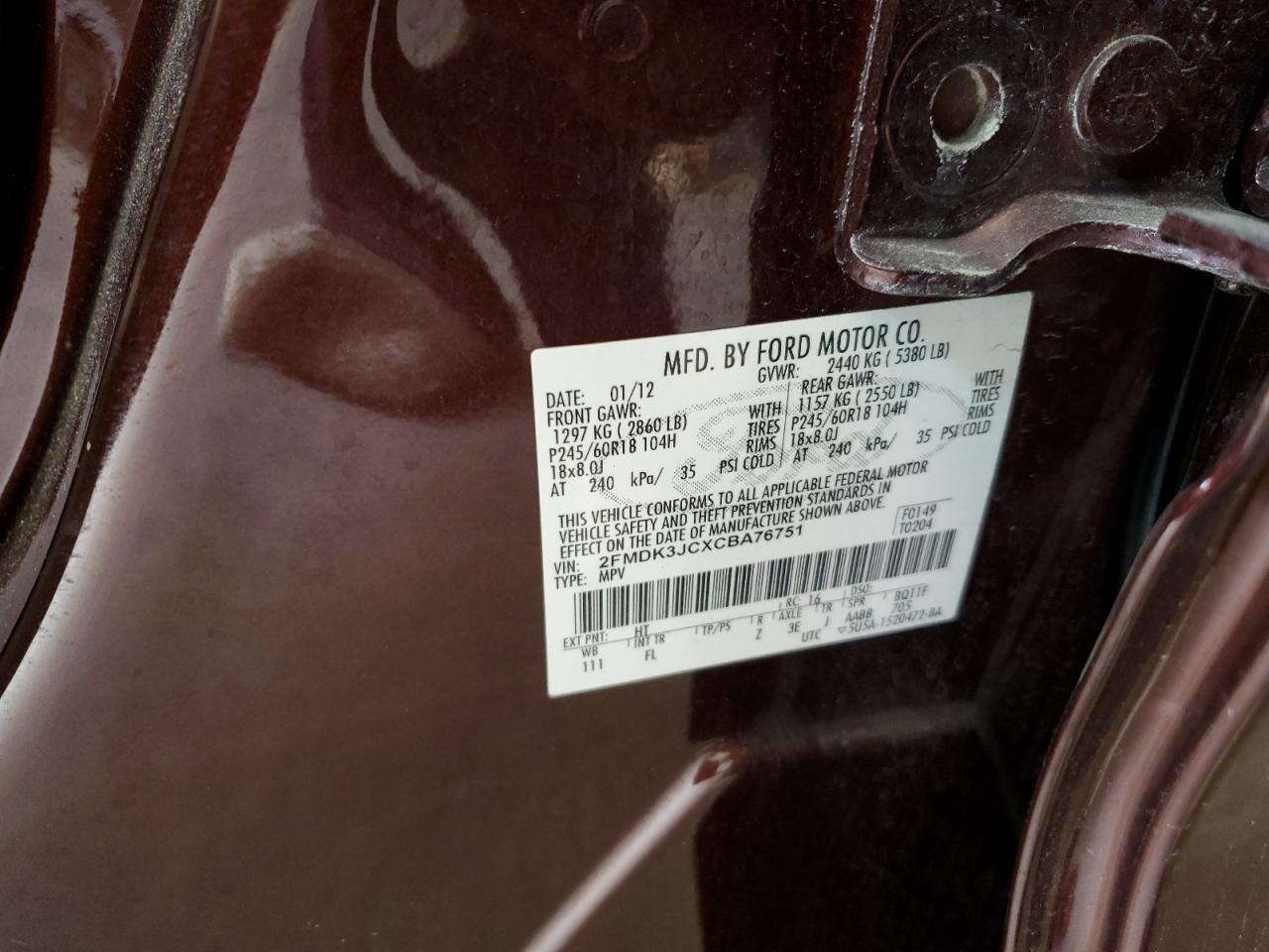 2012 Ford Edge Sel VIN: 2FMDK3JCXCBA76751 Lot: 65418415