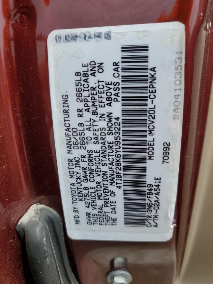 2000 Toyota Camry Le VIN: 4T1BF28K6YU953224 Lot: 64682865