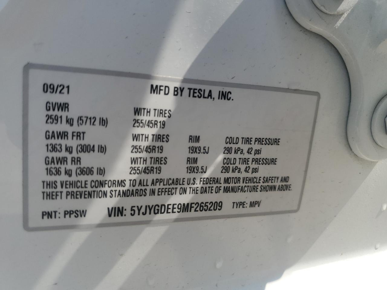 2021 Tesla Model Y VIN: 5YJYGDEE9MF265209 Lot: 66846095