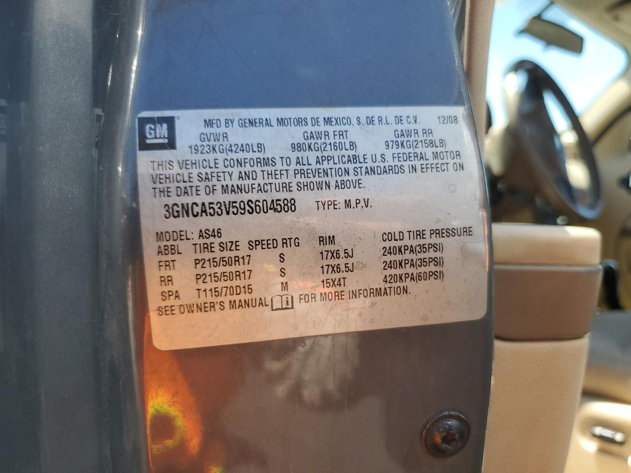 3gnca53v59s604588 3GNCA53V59S604588 2009 Chevrolet Hhr Lt