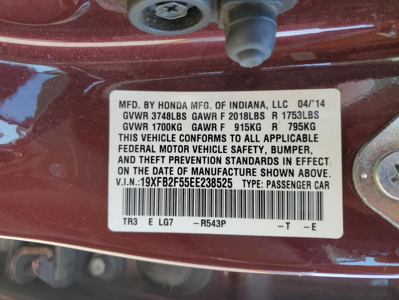 2014 Honda Civic Lx VIN: 19XFB2F55EE238525 Lot: 65072635