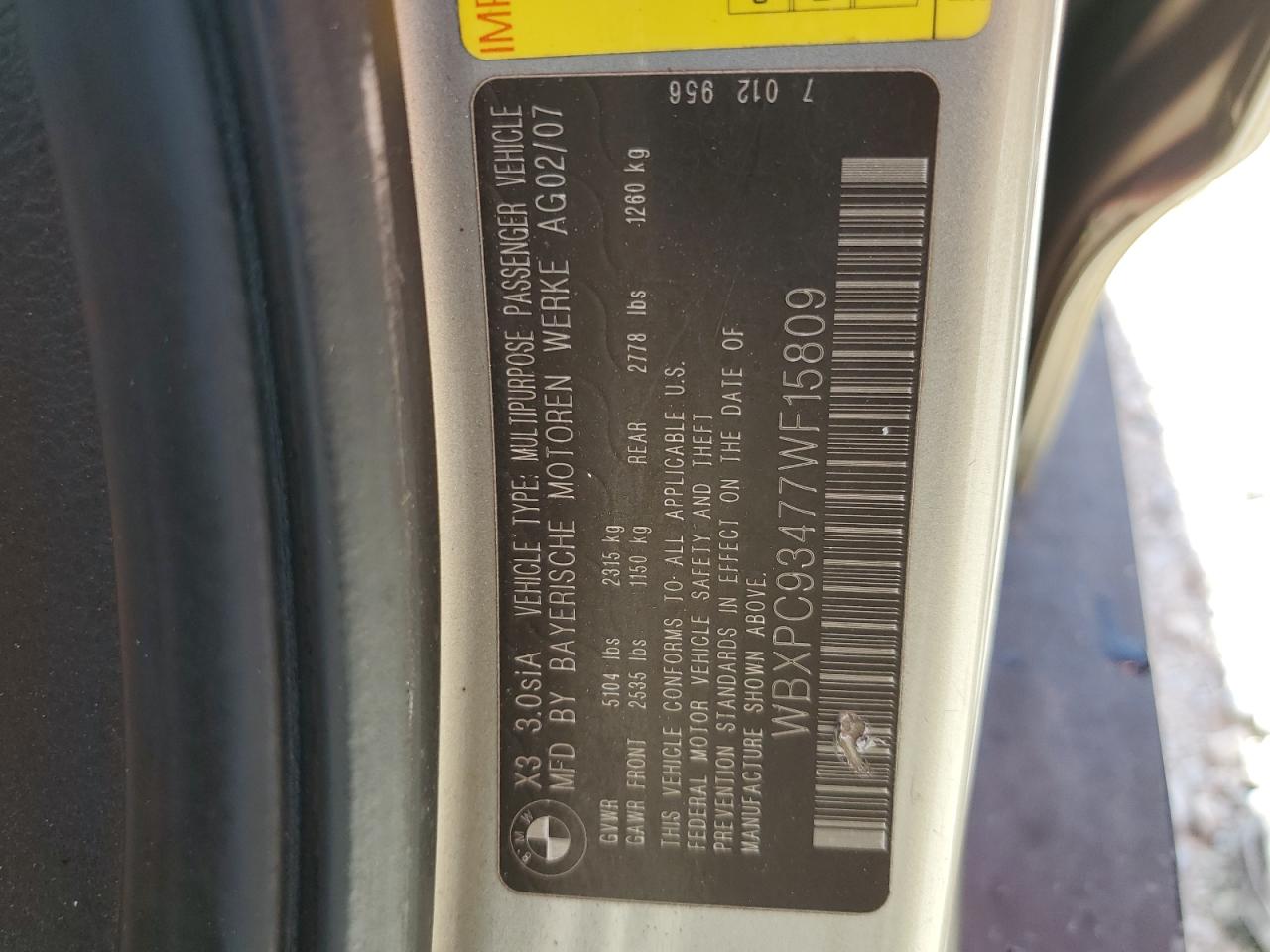 2007 BMW X3 3.0Si VIN: WBXPC93477WF15809 Lot: 64135165