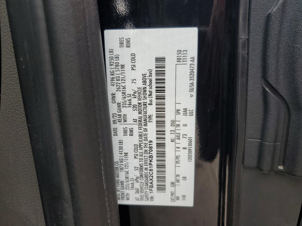 2023 Ford Transit T-350 VIN: 1FBAX2C81PKB70819 Lot: 65064005