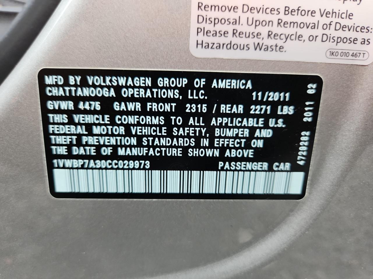 2012 Volkswagen Passat Se VIN: 1VWBP7A30CC029973 Lot: 64583175