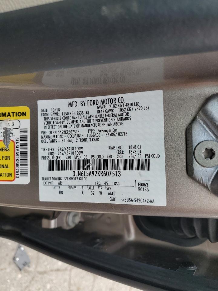 2019 Lincoln Mkz VIN: 3LN6L5A92KR607513 Lot: 62074725