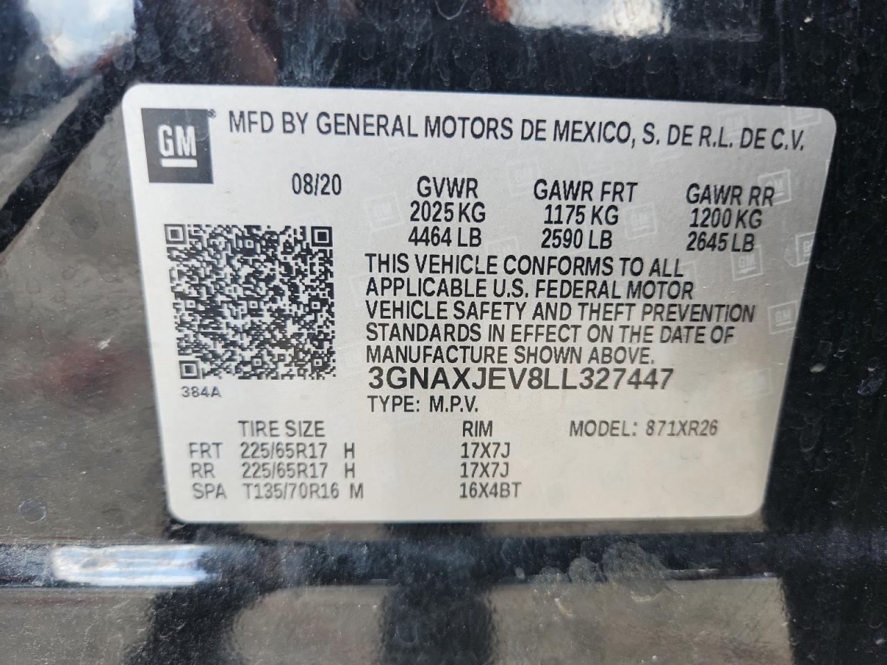 2020 Chevrolet Equinox Lt VIN: 3GNAXJEV8LL327447 Lot: 65655865