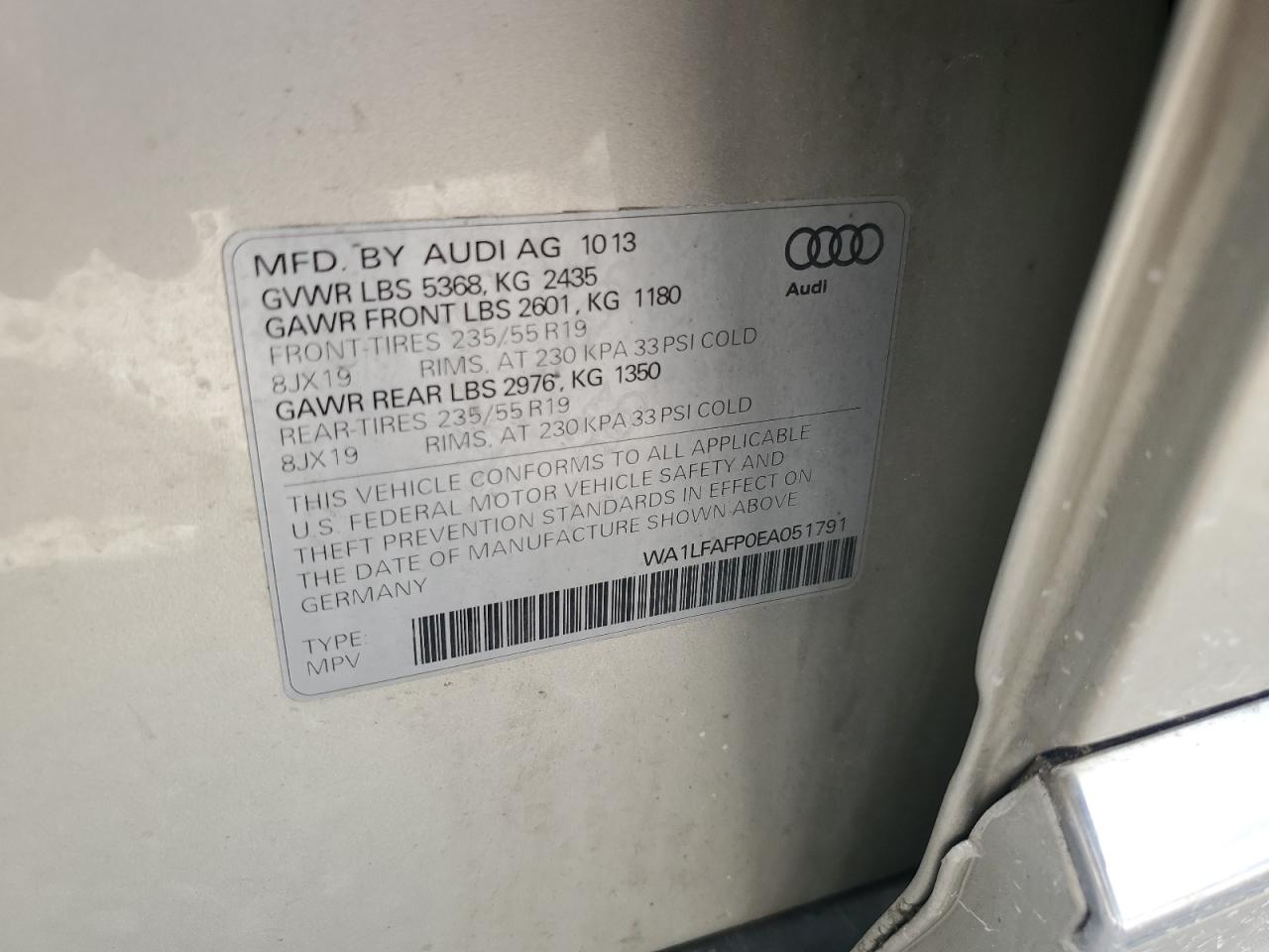 2014 Audi Q5 Premium Plus VIN: WA1LFAFP0EA051791 Lot: 63085915
