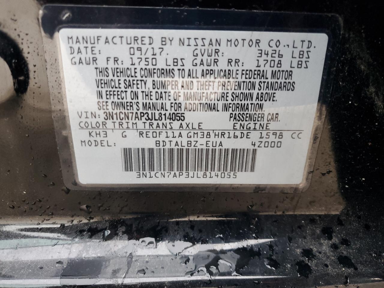 2018 Nissan Versa S VIN: 3N1CN7AP3JL814055 Lot: 63210595