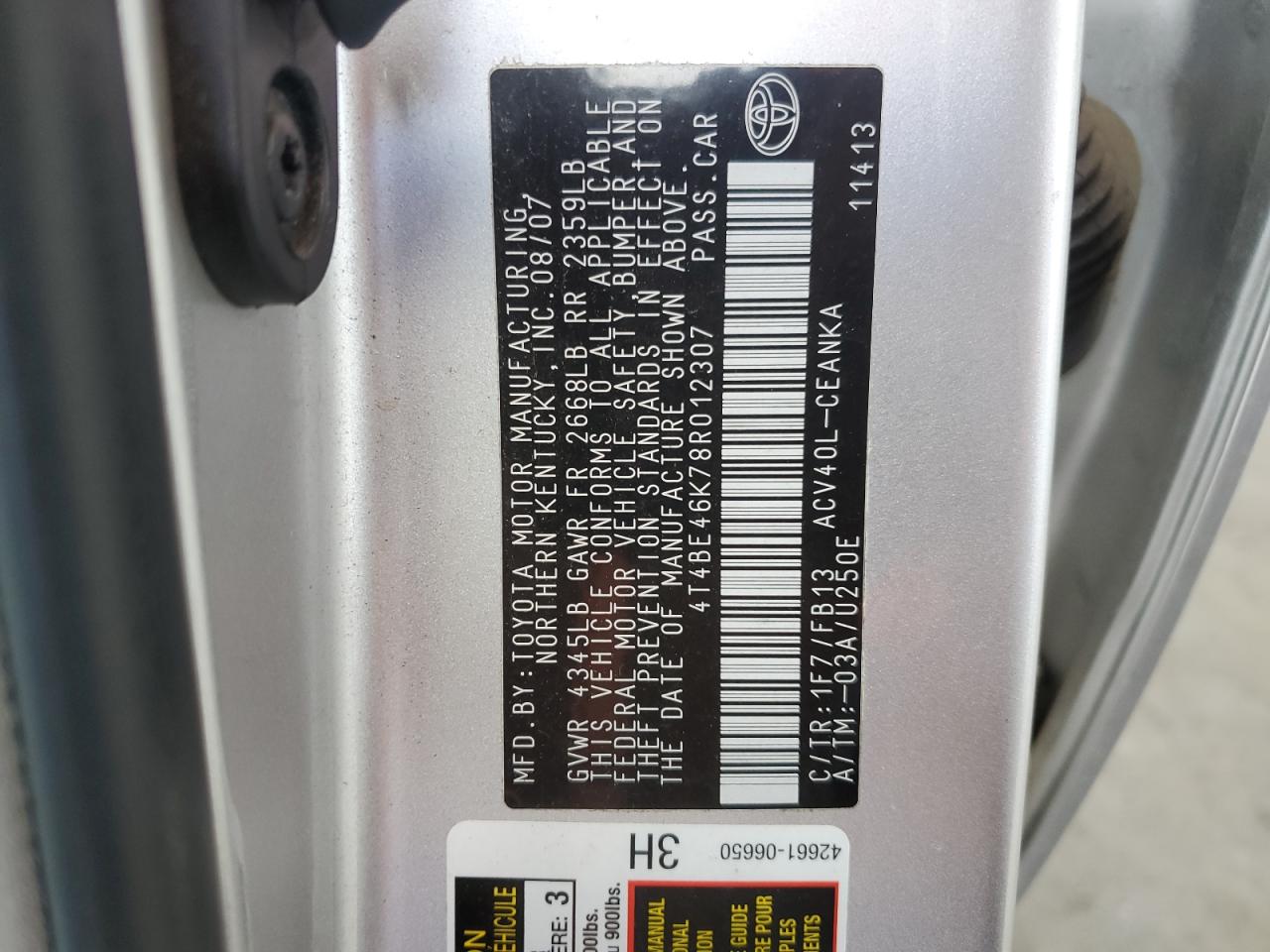 2008 Toyota Camry Ce VIN: 4T4BE46K78R012307 Lot: 65173525