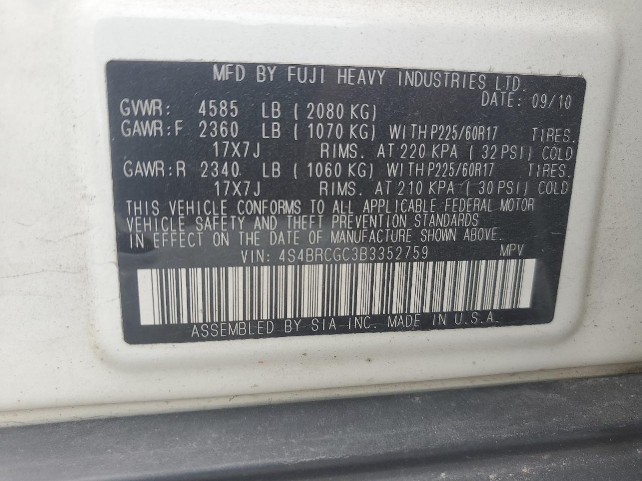 2011 Subaru Outback 2.5I Premium VIN: 4S4BRCGC3B3352275 Lot: 66525375