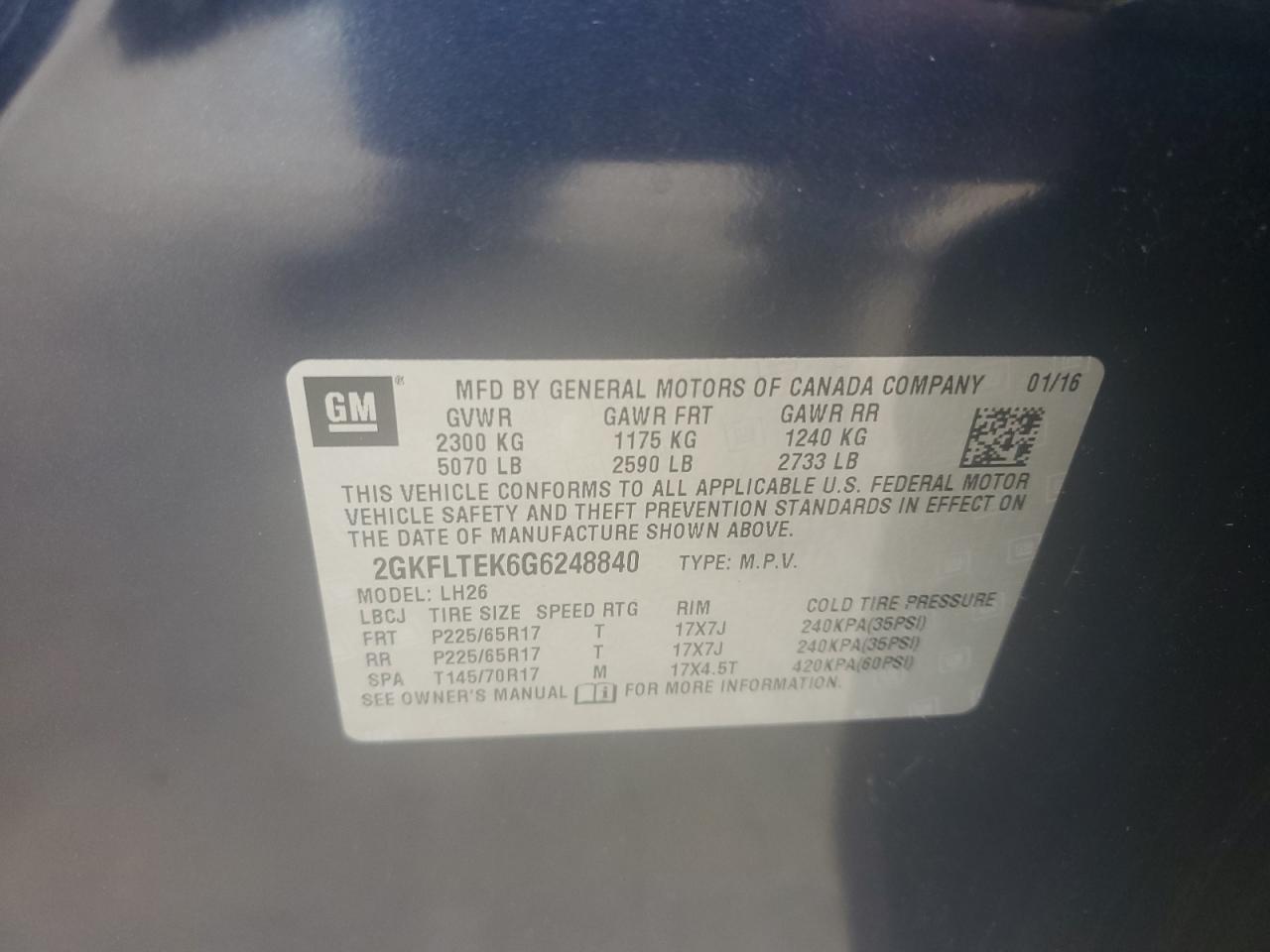 2016 GMC Terrain Sle VIN: 2GKFLTEK6G6248840 Lot: 65517305