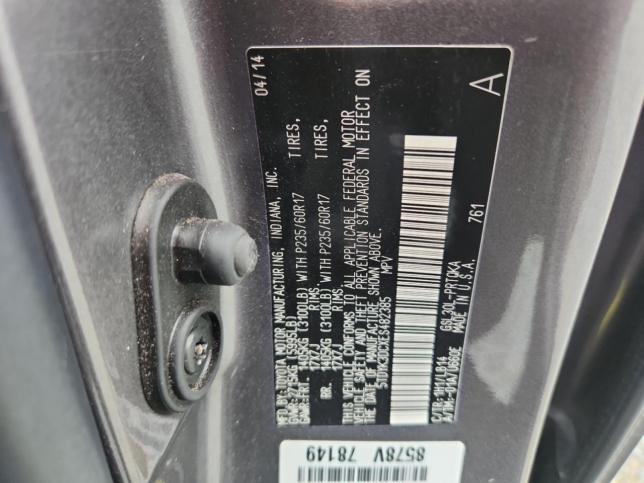 2014 Toyota Sienna Xle VIN: 5TDYK3DCXES482385 Lot: 64924005
