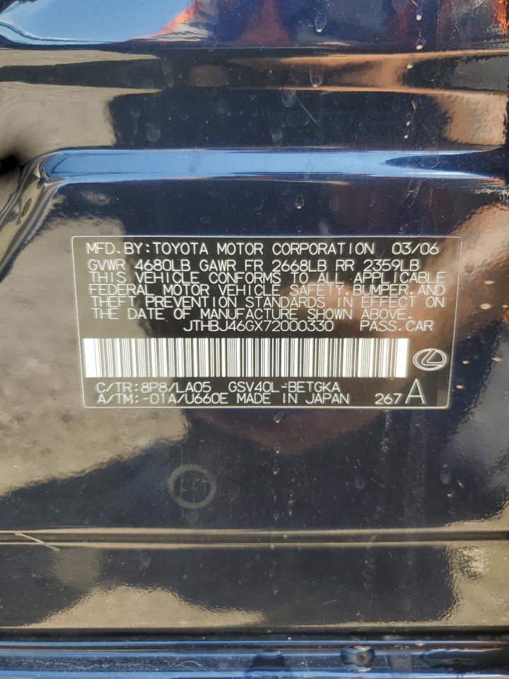 2007 Lexus Es 350 VIN: JTHBJ46GX72000330 Lot: 62168725