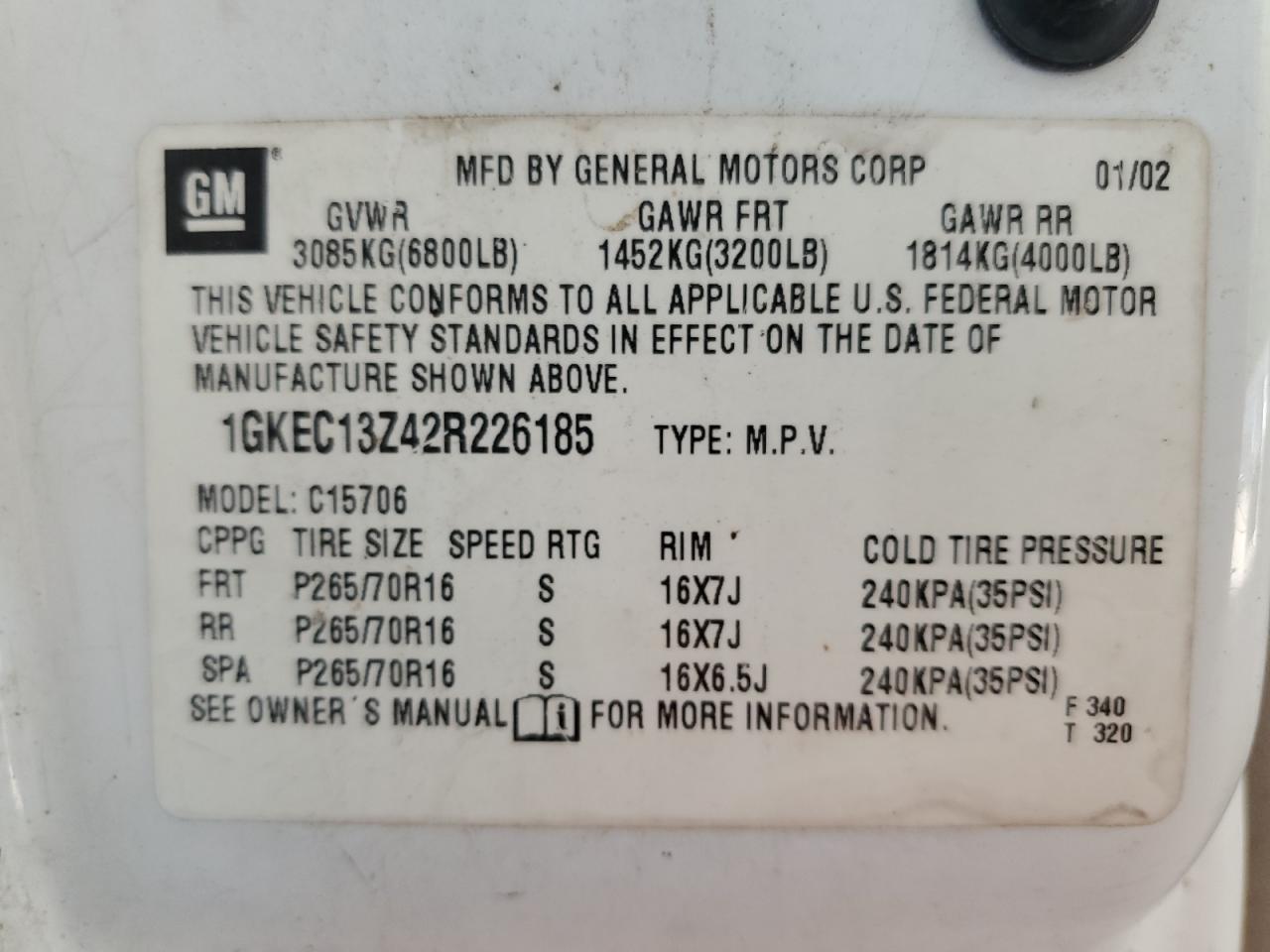 2002 GMC Yukon VIN: 1GKEC13Z42R226185 Lot: 64587095