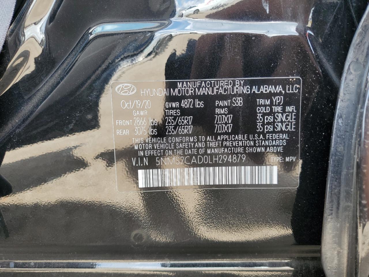 2020 Hyundai Santa Fe Se VIN: 5NMS2CAD0LH294879 Lot: 63458875