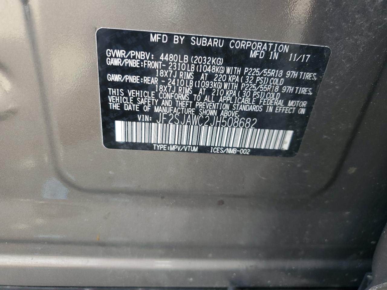 2018 Subaru Forester 2.5I Touring VIN: JF2SJAWC2JH508682 Lot: 62830585