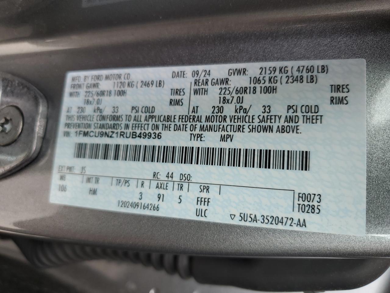 2024 Ford Escape St Line Select VIN: 1FMCU9NZ1RUB49936 Lot: 65502855
