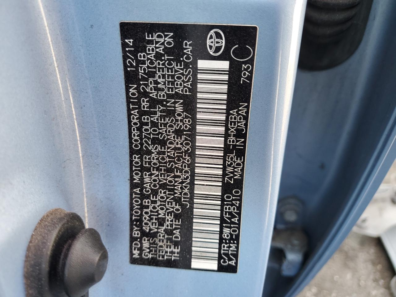 2015 Toyota Prius Plug-In VIN: JTDKN3DP6F3071987 Lot: 65279055