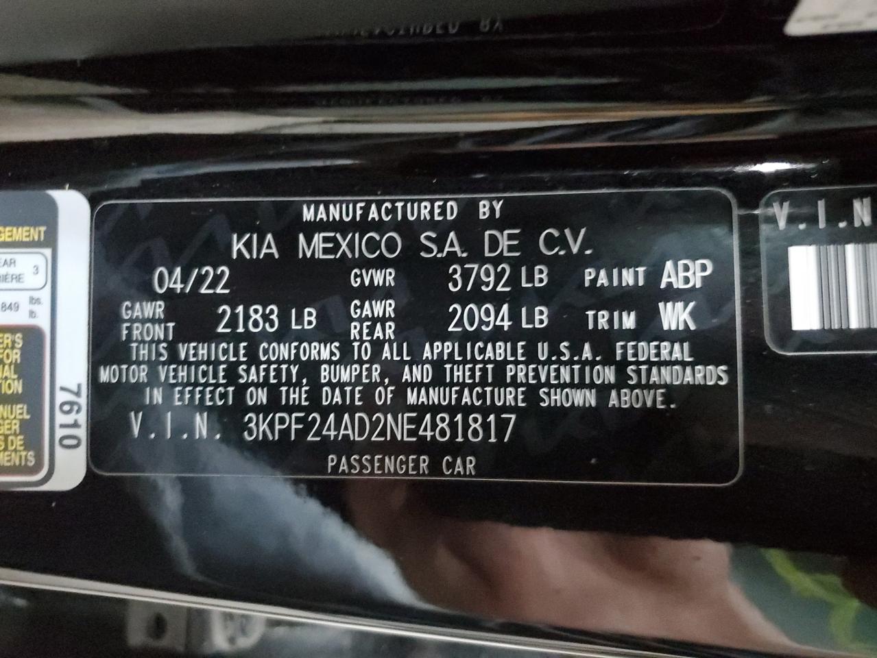 3KPF24AD2NE481817 2022 Kia Forte Fe