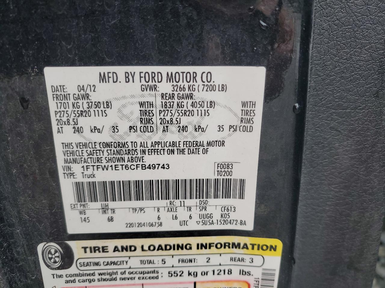 2012 Ford F150 Supercrew VIN: 1FTFW1ET6CFB49743 Lot: 63500315