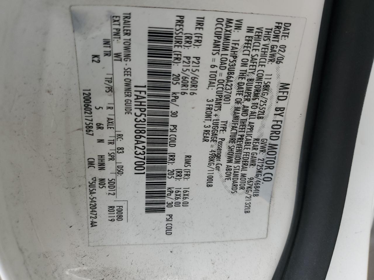 2006 Ford Taurus Se VIN: 1FAHP53U86A237001 Lot: 62858785