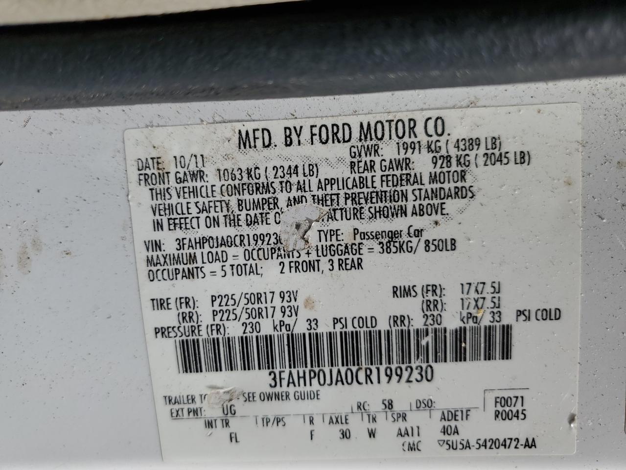 2012 Ford Fusion Sel VIN: 3FAHP0JA0CR199230 Lot: 63849035