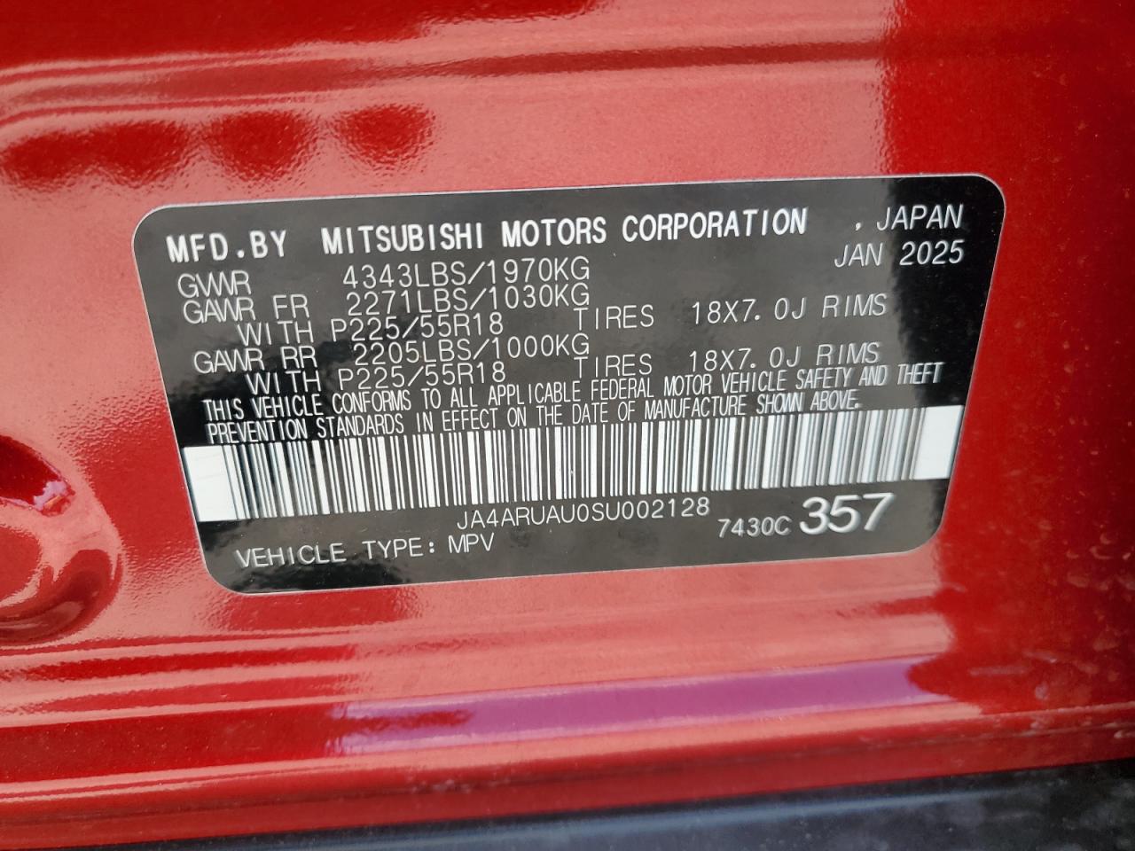 2025 Mitsubishi Outlander Sport S VIN: JA4ARUAU0SU002128 Lot: 63303935