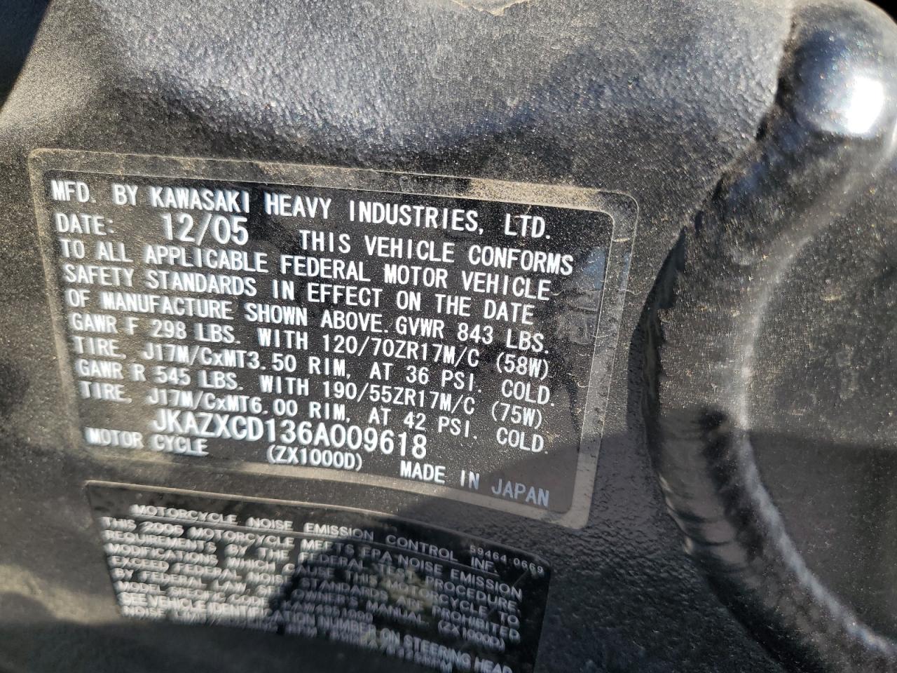 jkazxcd136a009618 JKAZXCD136A009618 2006 Kawasaki Zx1000 D6F